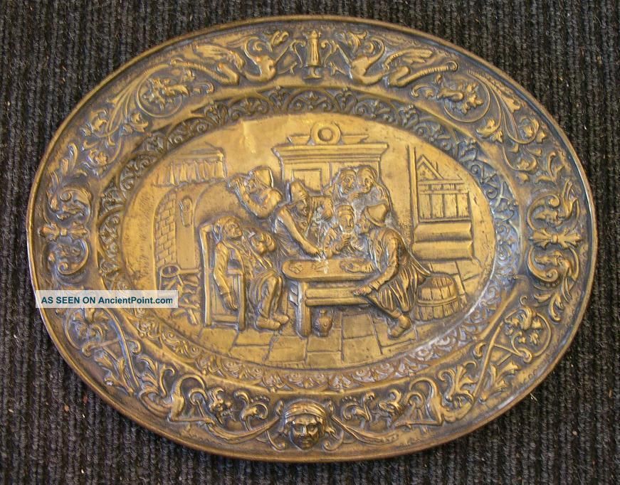 Large Antique Gothic Victorian Brass Wall Plaque Charger Pub Scene Griffins Nr Metalware photo