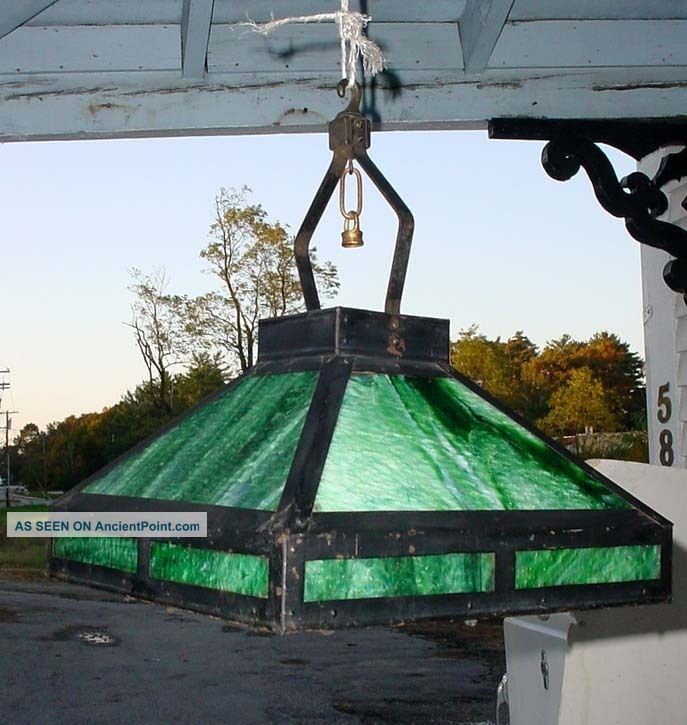 Antique Arts & Crafts Mission Green Slag Glass Hanging Light Fixture N/r Lamps photo