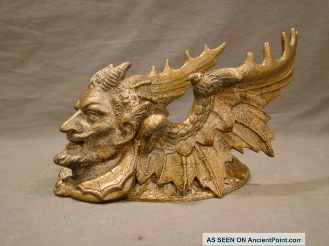Antique Victorian Figural Devil Head Bust Dragon Wing Inkwell Holder Pen Rest Metalware photo