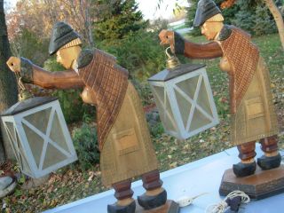 Vintage Black Forest ? German Carved Wood Lamps Lamplighter Man Night Watchman photo