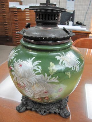Antique Handpainted Kerosene Parlor Or Table Lamp photo
