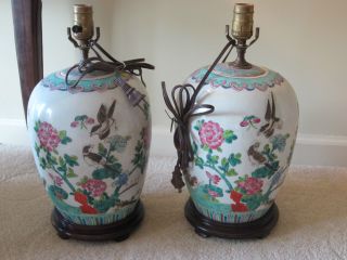 Pair Chinese Famille Rose Ginger Jar Vase Lamp photo