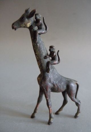 Antique Austrian Cold Painted Bronze Giraffe And Monkeys Figurine 19th. photo