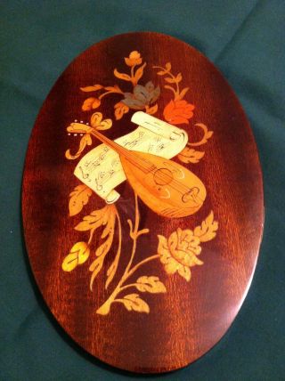 Vintage Oval Inlay Wooden Wood Marquetry Plaque Italian photo