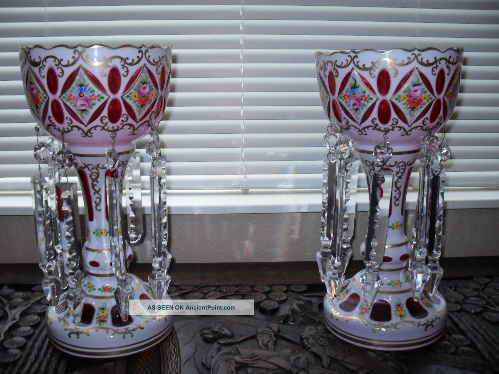 Bohemian Glass Moser White Cut To Pink/cranberry Large Pair Of Lustres 19c Vases photo