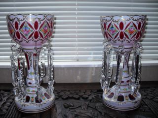 Bohemian Glass Moser White Cut To Pink/cranberry Large Pair Of Lustres 19c photo