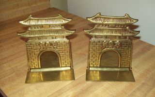 Vintage Brass Bookends Pagoda Shape With A Folding Base Marked Korea photo