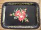 Set Vintage Rose Tole Toleware Painted Black Tv Trays Folding Stands Midcentury Toleware photo 11