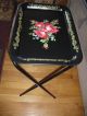 Set Vintage Rose Tole Toleware Painted Black Tv Trays Folding Stands Midcentury Toleware photo 1