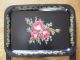 Set Vintage Rose Tole Toleware Painted Black Tv Trays Folding Stands Midcentury Toleware photo 3