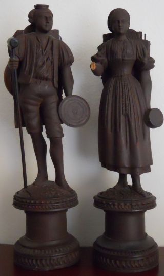 Circa 1900 Pair Of Antique Wooden European Figures,  Statues photo