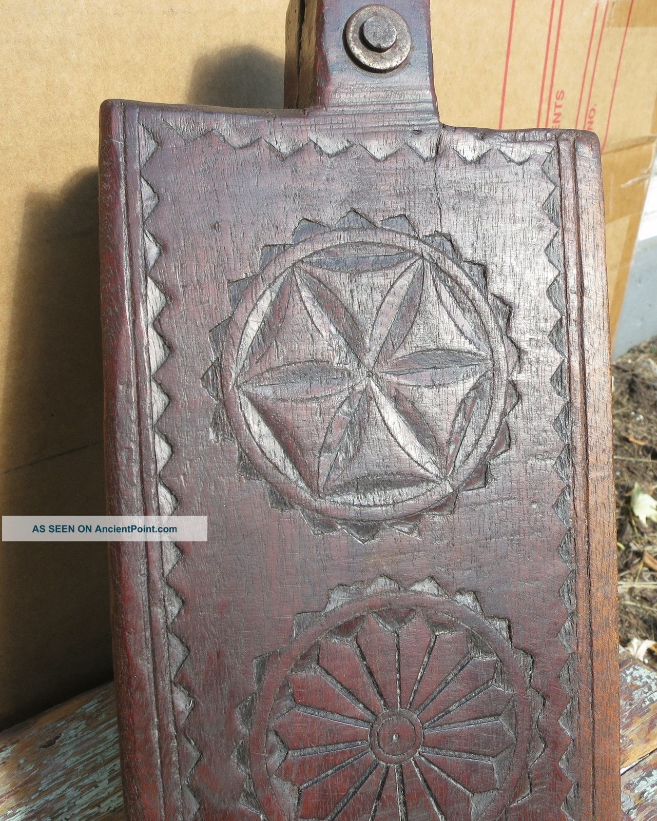 Spectacular Antique Folk Art Chip Carved Pa Swivel Spice Box With Hex Signs Boxes photo