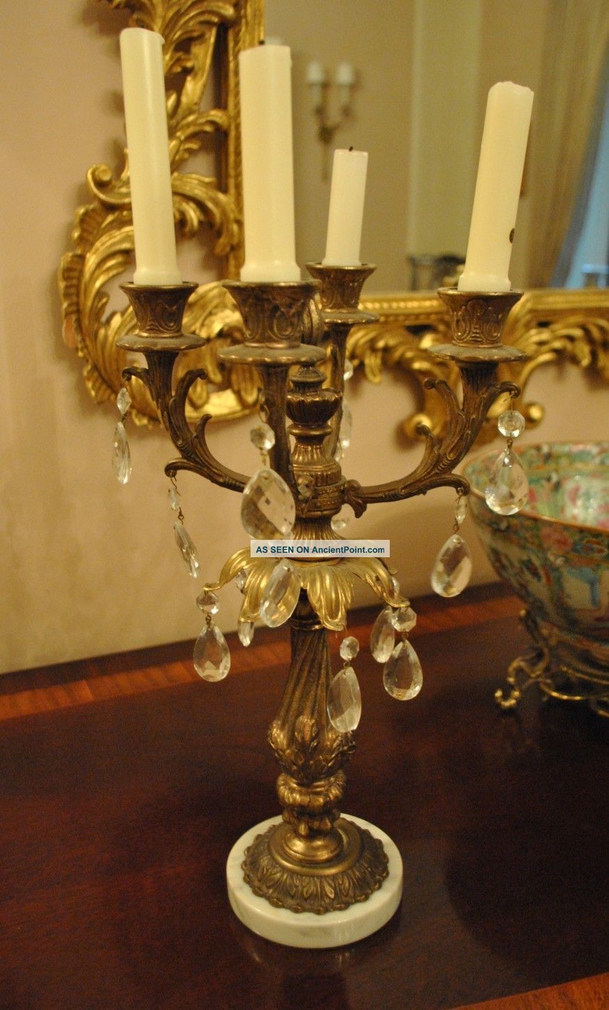 Marble Bronze Gilt Spelter Crystal Prisms Italian Candelabra Candlesticks Wow Metalware photo