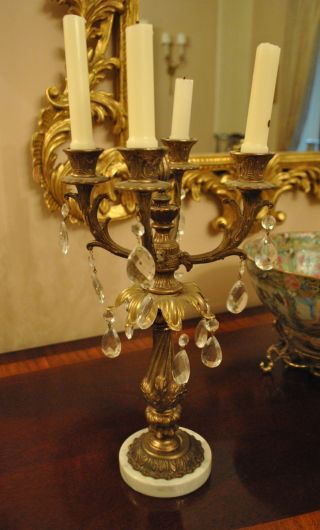 Marble Bronze Gilt Spelter Crystal Prisms Italian Candelabra Candlesticks Wow photo