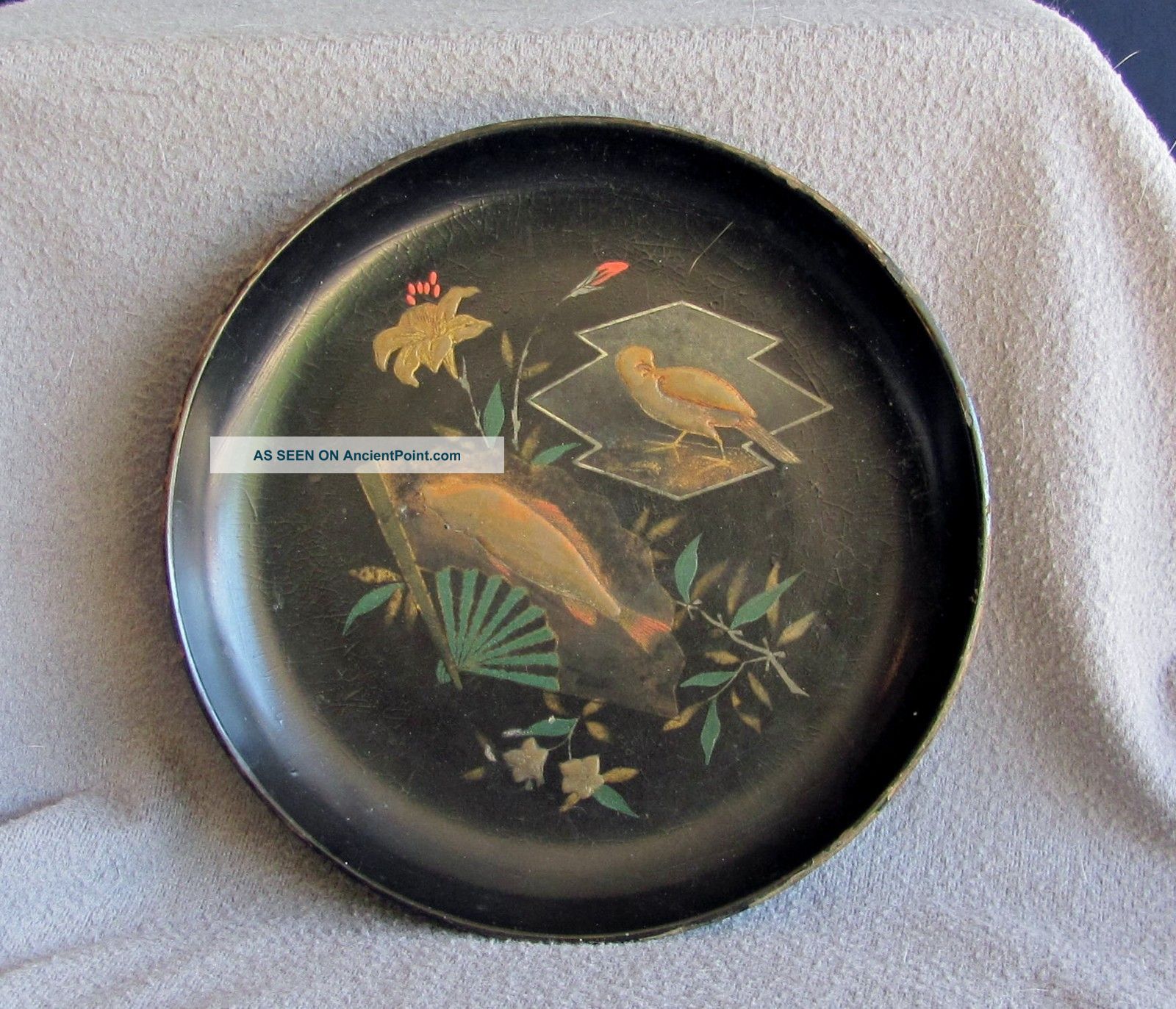 19th C Aesthetic Lacquered Papier Mache Plate Painted Embossed Fish Bird Flowers Other photo