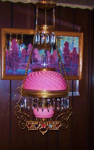Antique Jeweled Hanging Oil Or Electric Parlor Lamp W/ Color Crystals Nores photo
