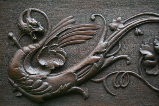 Stunning 19th C,  Gothic Oak Relief Carved Panel With Winged Gargoyle Carving photo