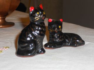 Rare - - Pair Ofantique Redware,  Ceramic Glazed Animal Cat Figurines photo