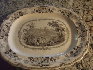 1800 ' S Old Vintage Brown Transferware Platter Women With Bow And Arrows photo