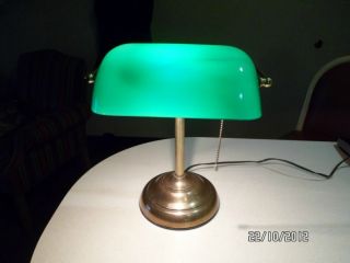 Vintage Retro Brass Green Glass Shade Bankers Student Desk Table Lamp photo