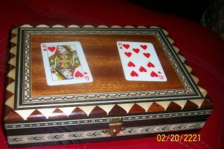 Vintage Playing Card Inlaid Laquered Wood Box Double Compartment photo