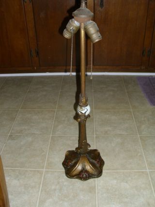 Very Fancy Bronze Tiffany Style Lamp Base W/ Flowers And Marble Center photo