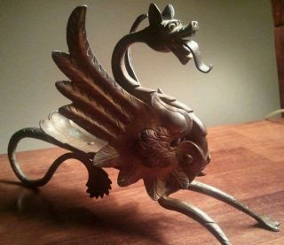 Antique Art Deco Brass Griffon Dragon Candleholder 8 