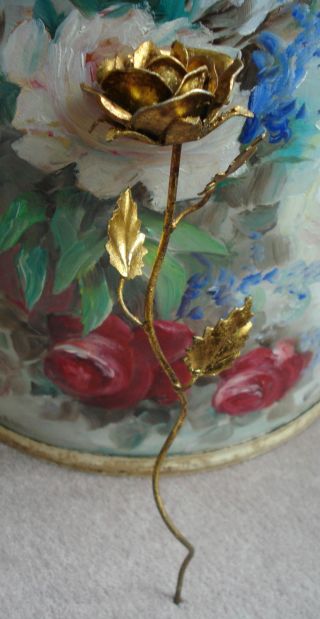 Vintage Italian Antique Gold Metal Tole Rose W Long Stem & Leaves Italy Nr photo