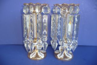 Pair (2) Antique Late 19thc Bohemian Enamel & Gilt Cut Glass Lustre Vases photo
