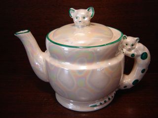 Antique Czech Teapot,  White & Green Lusterware With Cat Shaped Handle & Finial photo
