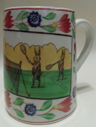 Rare Antique Rabbit Ware Stick Spatter Pottery Sporting Scene Mug photo