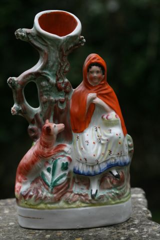Fine Mid 19thc Staffordshire Of Red Riding Hood Figurine & Wolf Spill Vase C1860 photo