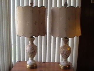 Pair Of Antique Lamps Satin Glass White Pale Pink Fired Gold Large Custom Shades photo