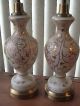 Pair Of Antique Lamps Satin Glass White Pale Pink Fired Gold Large Custom Shades Lamps photo 1