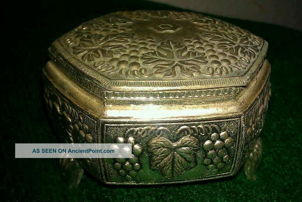 Antique Vtg Mini Metal & Velvet Jewelry Box/silver Metalware photo
