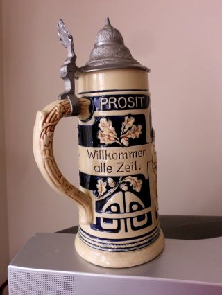 Old 9 3/4 Tall Prosit Frohsinn U.  Heite German Pottery Beer Stein,  1903 photo