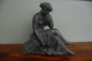 Antique Late 19thc Victorian Spelter Mandolin Playing Woman Clock Topper Statue photo