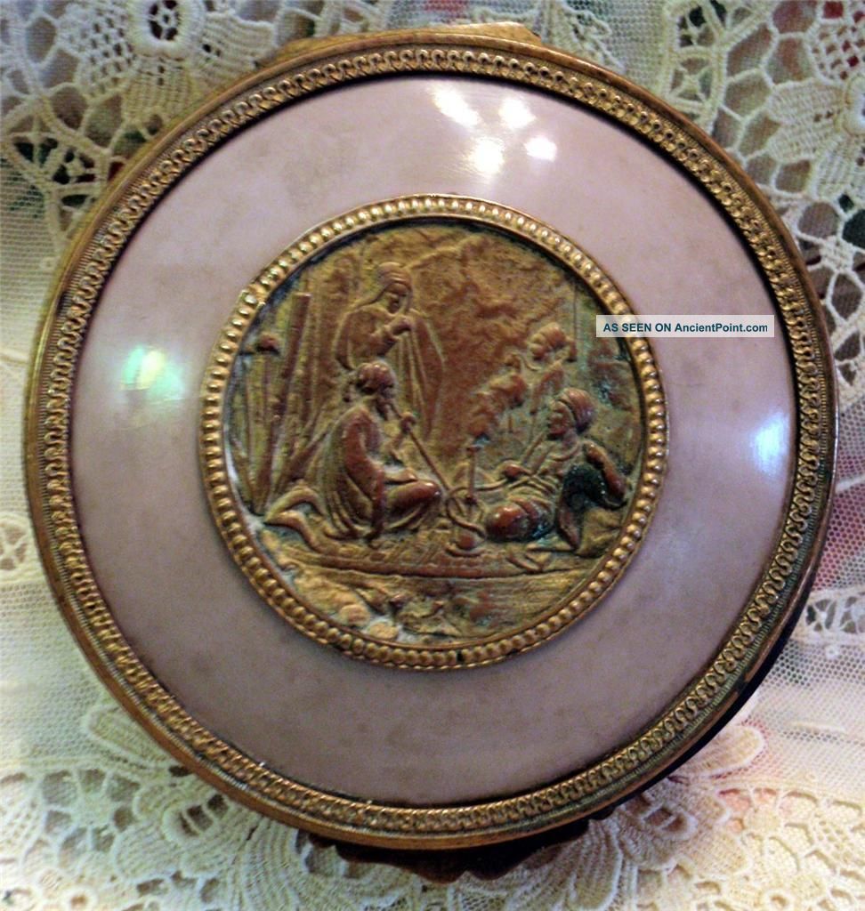 French Dore Bronze,  Repousse Portrait Medallion,  Men Smoking Bong,  Casket Box Metalware photo