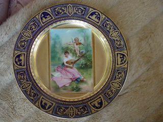 Antique Signed Wagner Royal Vienna Angel & Maiden Plate Cobalt Gold Enameled Nr photo