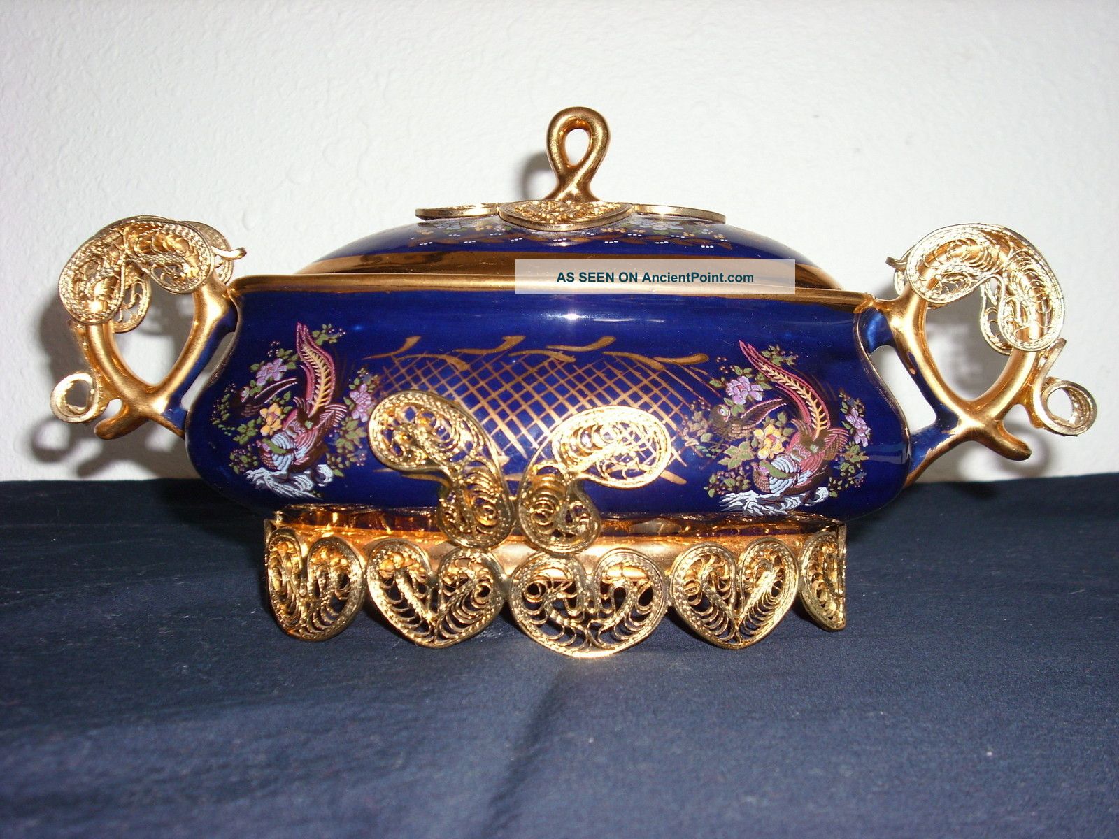 Antique Colbalt Blue & Gold Filagree Footed Serving Dish/gravy Boat Bowls photo