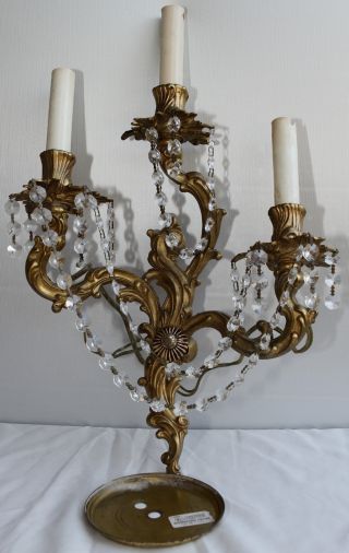 Vintage French Embossed Bronze 3 Arm Wall Sconce With Swag Crystal Prisms photo