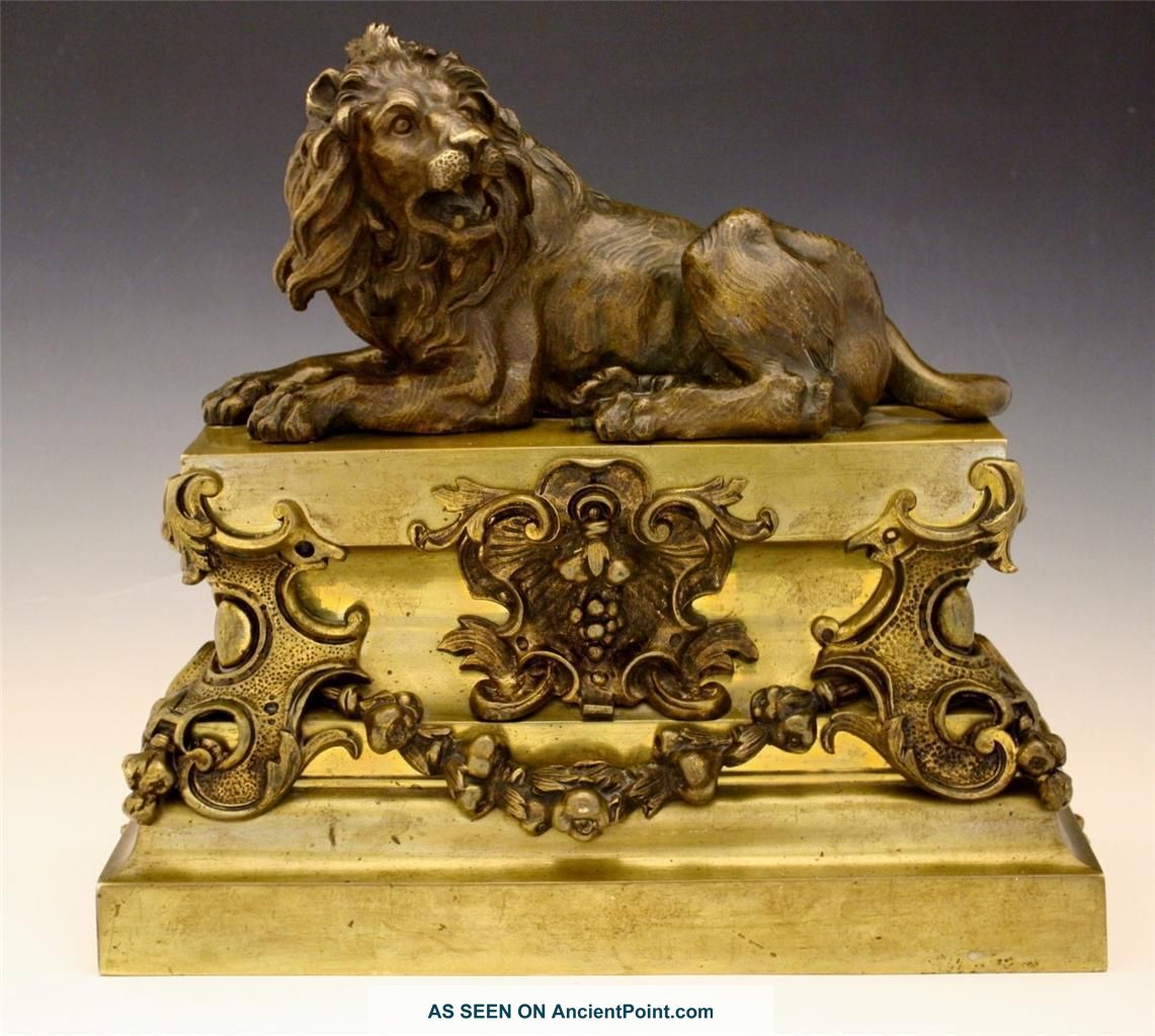 C1830 Louis Philippe Period French Bronze Of A Lion On Pedestal Metalware photo