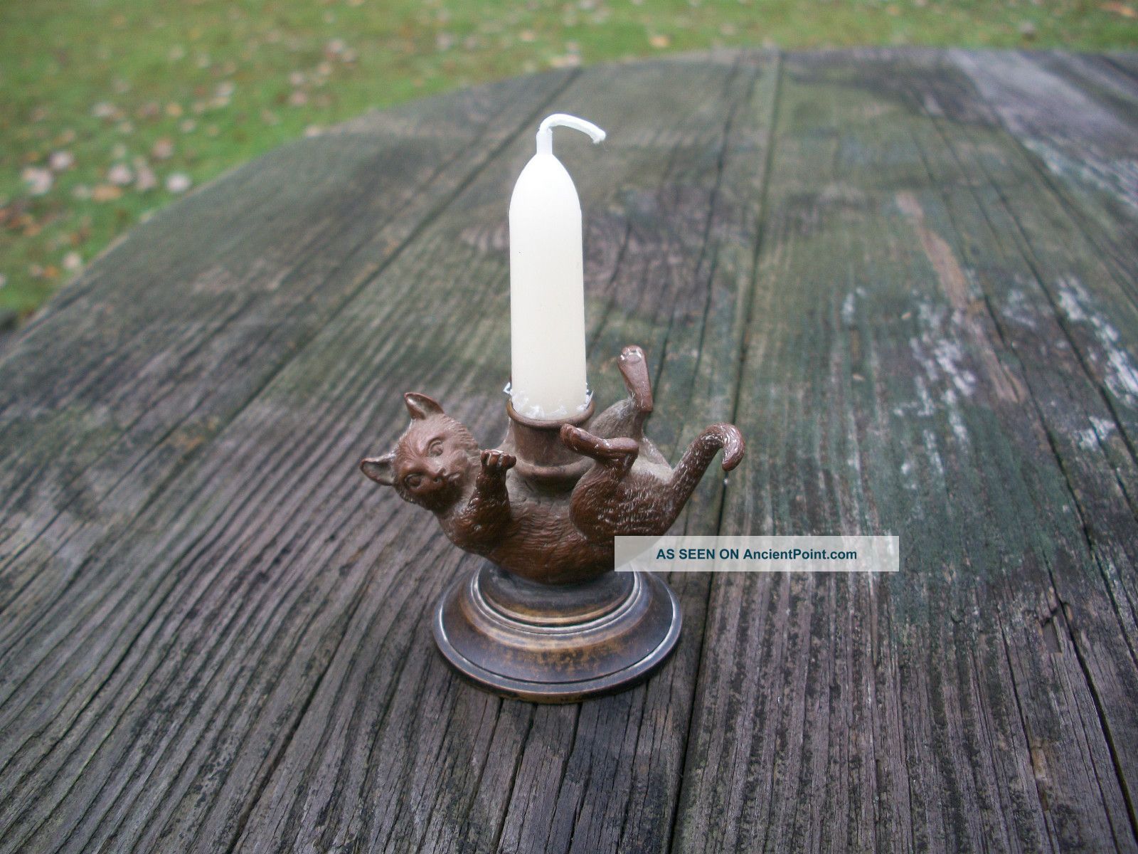 Antique German Bronze Miniature Cat Candlestick Fine Detail Metalware photo