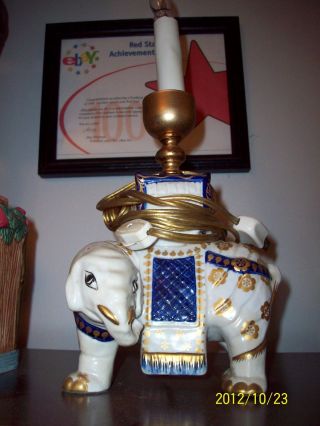 Mangani Elephant Small Table Lamp Vintage Ivory With Blue And Gold Trim photo