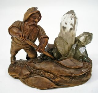 Antique Black Forest Hand Carved Wood Sculpture - Gnome Digging Rock Crystal 19thc photo