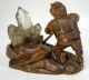 Antique Black Forest Hand Carved Wood Sculpture - Gnome Digging Rock Crystal 19thc Carved Figures photo 6