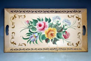 Hand Painted Gorgeous Antique Victorian Floral Tole Metal Tray Pink Background photo