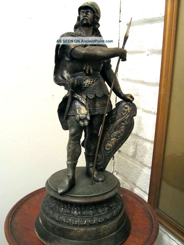 Antique 19thc Large Bronzed Spelter Statue Of A Warrior Metalware photo
