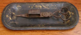 Antique Kerosene Oil Lamp Wick Trimmer Candle Snuffer With Tole Tin Tray photo