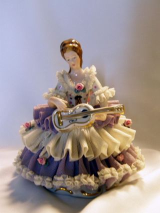 Antique Dresden Style Violin Player Purple And White Lace Porcelain Brown Hair photo